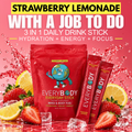 A red stand-up pouch and two matching single-serve sticks of EveryBody Everyday Stick drink mix are shown in a bright promotional setup. The package and sticks feature a cartoon globe logo and the text 'Strawberry Lemonade' and '3 in 1 Daily Drink Stick' on the front.
