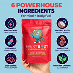 A red stand-up pouch of EveryBody Everyday Stick energy supplement is centered on a light blue background, surrounded by circular callouts highlighting ingredients and benefits: electrolytes, vitamin B12, lion's mane, cordyceps, green tea caffeine, and coconut water. A hand with dark nail polish holds the pouch at the bottom center.