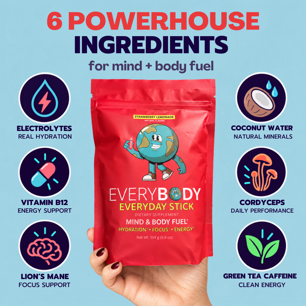A red stand-up pouch of EveryBody Everyday Stick energy supplement is centered on a light blue background, surrounded by circular callouts highlighting ingredients and benefits: electrolytes, vitamin B12, lion's mane, cordyceps, green tea caffeine, and coconut water. A hand with dark nail polish holds the pouch at the bottom center.