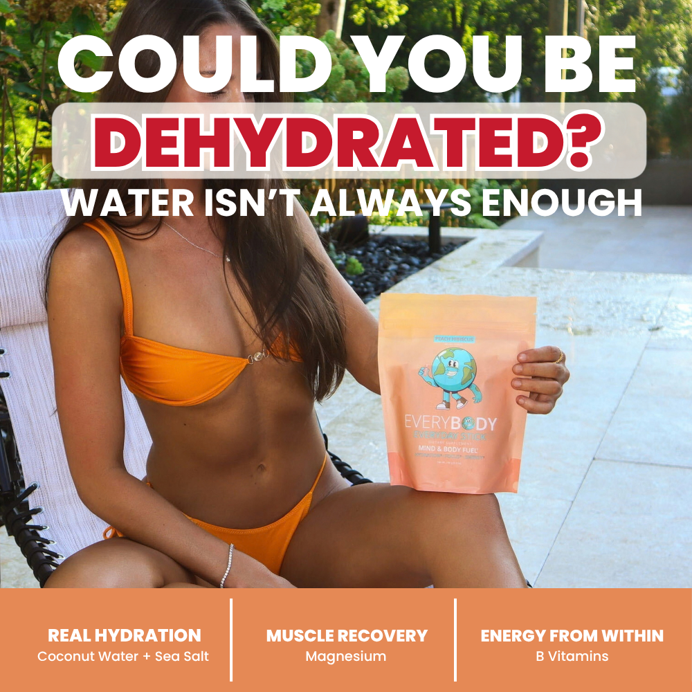 A woman in an orange bikini sits outdoors holding a peach-colored pouch of EVERYBODY Energy & Body Tea. Large text at the top reads 'COULD YOU BE DEHYDRATED? WATER ISN'T ALWAYS ENOUGH', and an orange banner at the bottom lists benefits like real hydration, muscle recovery, and energy from within.