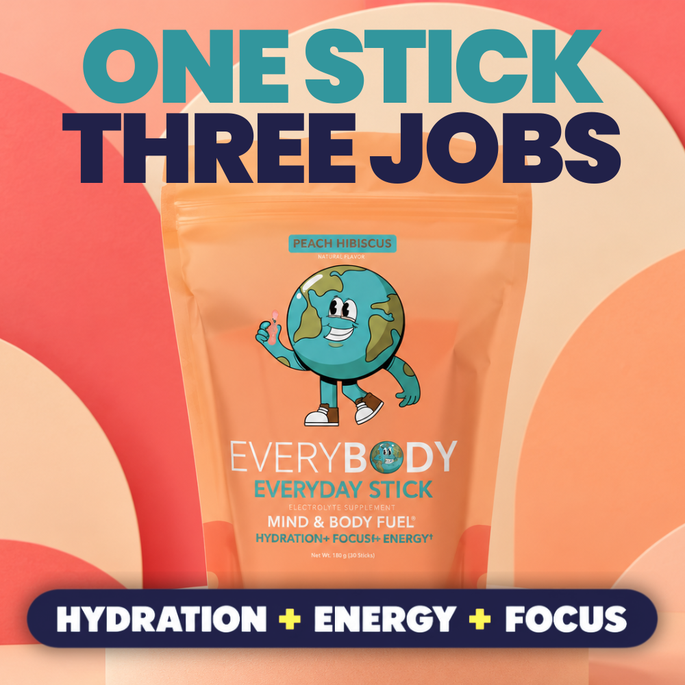 A stand-up pouch of EveryBody Everyday Stick energy drink mix in Peach Hibiscus, featuring a cartoon globe character. The pouch is set against a colorful abstract background of peach, orange, and cream shapes, with bold text reading 'ONE STICK THREE JOBS' and a bottom banner reading 'HYDRATION + ENERGY + FOCUS'.