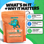 An orange stand-up pouch of EveryBody Everyday Stick dietary supplement labeled Peach Hibiscus, shown on a bright blue, white, and green graphic background with text reading 'WHAT'S IN IT + WHY IT MATTERS' and three callout boxes describing ingredients and benefits.