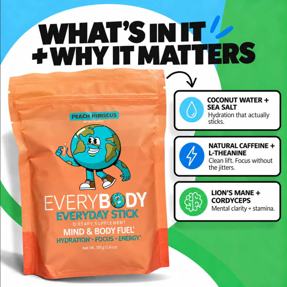 An orange stand-up pouch of EveryBody Everyday Stick dietary supplement labeled Peach Hibiscus, shown on a bright blue, white, and green graphic background with text reading 'WHAT'S IN IT + WHY IT MATTERS' and three callout boxes describing ingredients and benefits.